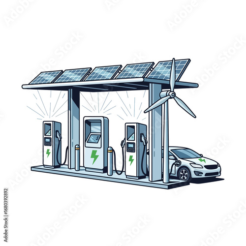An illustration of a modern EV charging hub powered by renewable resources like solar panels and a wind turbine, symbolizing the future of green transportation