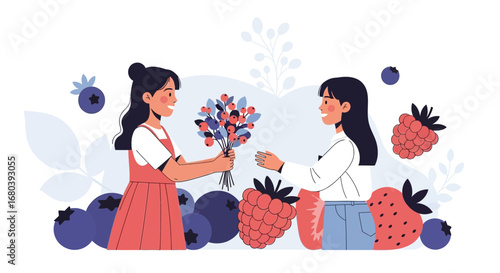 Sharing Floral Gift And Berries: A Joyful Exchange Of Fresh Elements And Bright Feelings