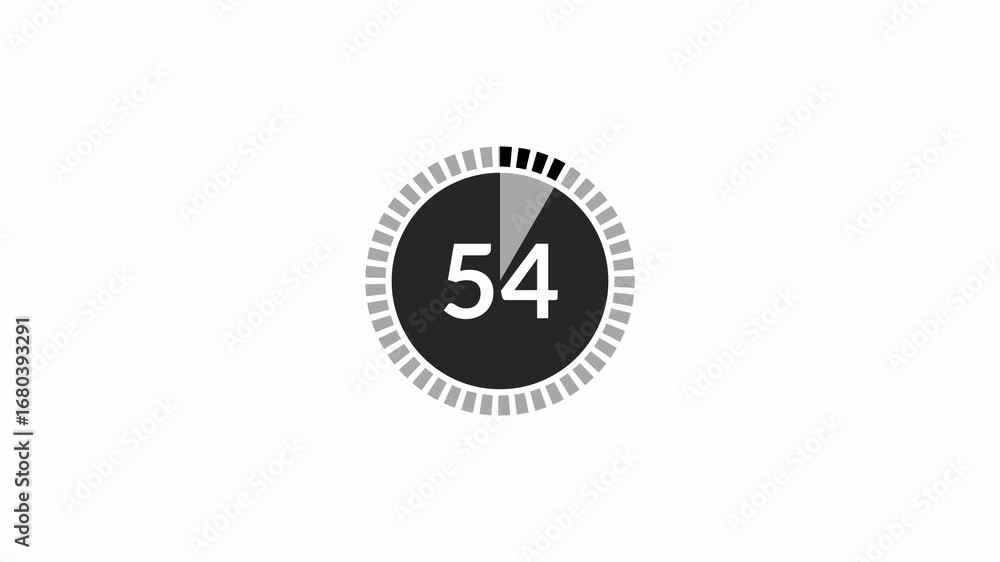 Countdown timer animation from 60 to 0 , One minute countdown timer from 60 to 0 on transparent background, Countdown animation with alpha channel.