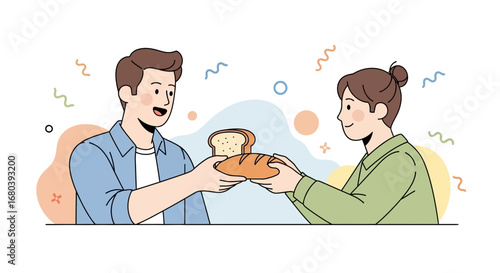 Sharing Is Caring Illustrated Depiction Of Bread Transfer Between Two People