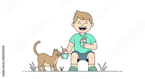 Sharing Sweet Treats Cartoon Boy Generosity to Pet Friend Illustration