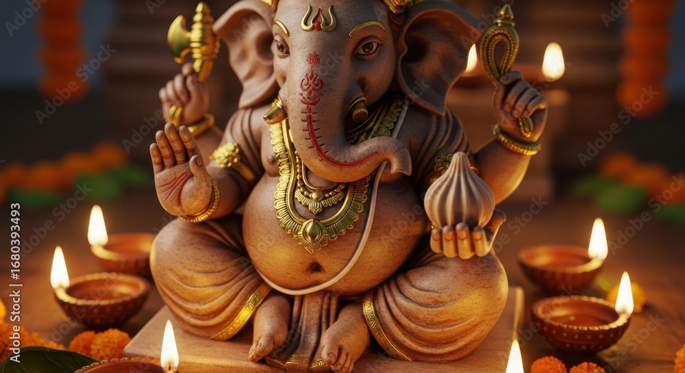Fototapeta premium Devotional ganesha idol illuminated by warm diyas festival celebration sacred blessing