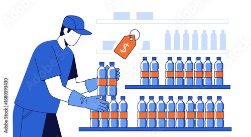Shop Worker Arranging Bottled Water In a Store With Price Tag And Shelves