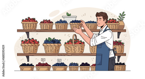 Shopkeeper Arranging Baskets With Fresh Berries in a Fruit Market Display