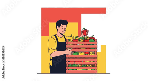 Shopkeeper Arranging Fresh Produce, Displaying Colorful Peppers for Sale and Freshness