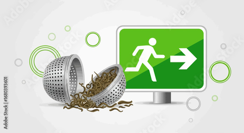 Signpost Directing Escape With Scattered Detritus And Escape Sign Illustrating Direction