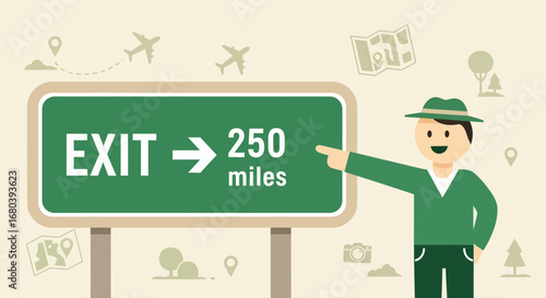 Signpost Illustration of Traveler Indicating the Exit Direction and Distance to Reach Destination