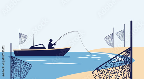 Silhouette Fisherman Enjoying Peaceful Fishing Day On His Boat By The Seashore
