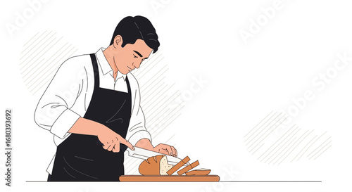 Simple Cooking Process Depicting Person Cutting Bread On A Wooden Board