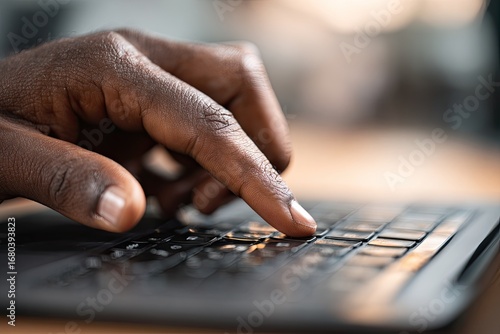 Close-up of a person's hand typing on a laptop keyboard