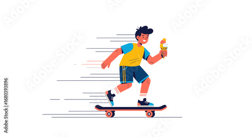 Skateboarder Enjoying Summer Bliss While Grabbing Delicious Ice Cream Cone Quickly