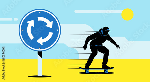 Skateboarder Passing a Freeway Interchange Sign Depicting Roundabout in Dynamic Silhouette