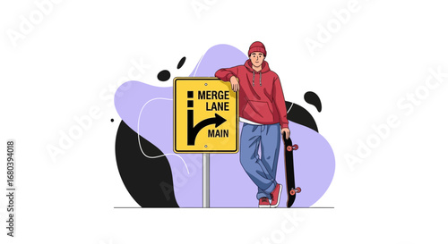 Skateboarder Next To Street Sign, Modern Graphic Illustration In Flat Design Style