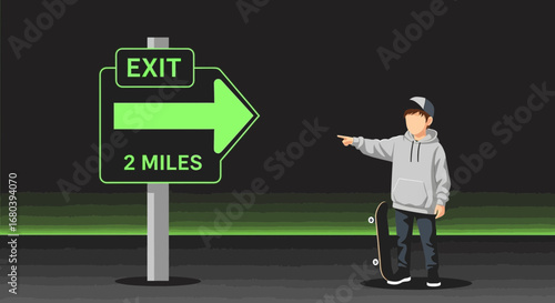 Skateboarder Pointing Towards Exit Sign, Indicating Distance Of Two Miles For Adventure