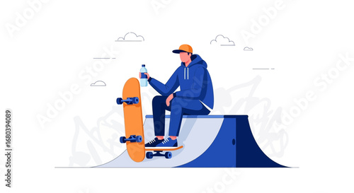 Skateboarder Relaxing With a Water Bottle After Skateboarding in a Skate Park Session