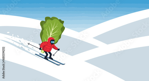 Skiing Through Snowy Fields with a Large Green Plant for a Wintertime Adventure