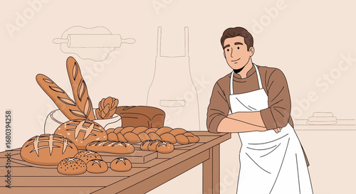 Skilled Baker Beside Freshly Baked Bread Display With Smiling Expression Offering