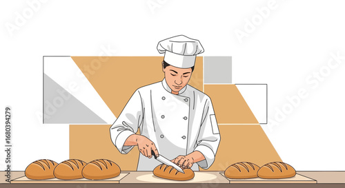 Skilled Baker Precisely Slicing Freshly Baked Loaf Of Bread With Precision and Skill