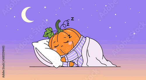 Sleeping Pumpkin Underneath Stars and Moon Ready For A Cozy Peaceful Slumber.
