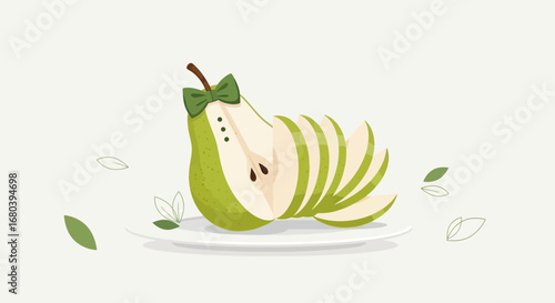 Sliced Pear With Bowtie Presentation On Plate, Flat Design Illustration