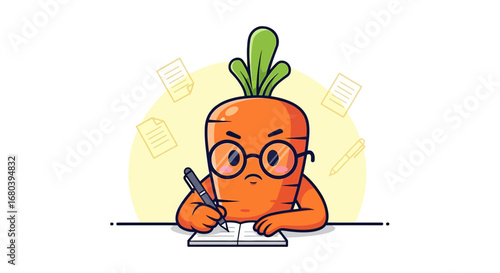 Smart Carrot Character Writing And Concentrating On Notes In Its Notebook Today