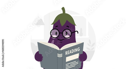 Smart Eggplant Enthusiastically Reads A Book While Wearing Glasses In A Calm Setting