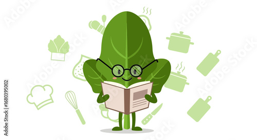 Smart Spinach Reading Cookbook And Surrounded With Cooking Utensils