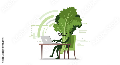 Smart Vegetable Character Working on a Laptop, Exploring Digital Worlds and Data Analysis Concepts
