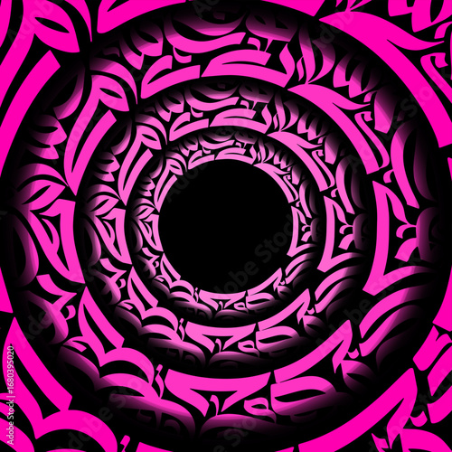 Abstract concentric circles design with tribal like patterns in shades of pink and black colors