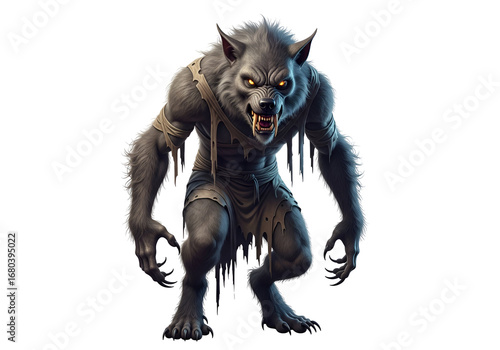 A formidable werewolf, depicted in a striking pose against a dark background, showcasing its powerful musculature and fierce expression.