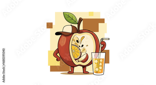 Smiling Apple Character Enjoying Fresh Juice with a Stylish Hat and Playful Vibe