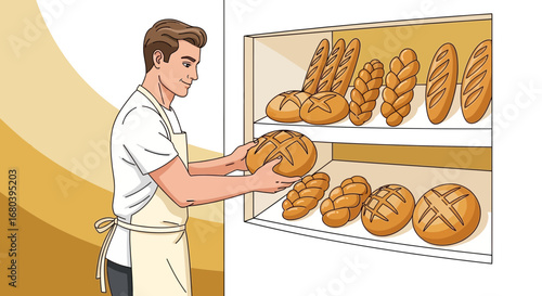 Smiling Baker Arranging Freshly Baked Bread Loaves on Shelves Display