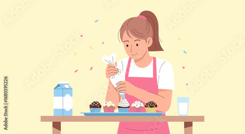 Smiling Baker Decorates Cupcakes With Icing, Preparing Delectable Sweet Treats with Joy