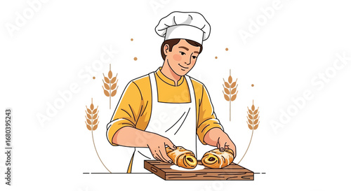 Smiling Baker Crafts Fresh Baked Pastries on Wooden Board, Ready for Consumption