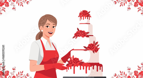 Smiling Baker Decorating A Multi-Tiered Cake With Red Roses For Celebrations