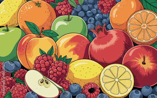 This image features a vibrant and abundant medley of fresh fruits, showcasing a rich variety of colors and textures. 