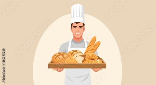 Smiling Baker Displaying Freshly Baked Goods in a Variety of Delicious Breads Presentation
