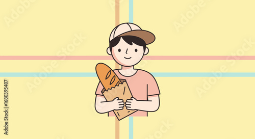 Smiling Baker Holding Fresh Baguette, Ready To Serve, Conceptual Artwork