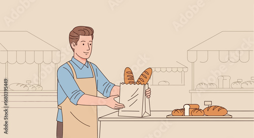 Smiling Baker Holding Fresh Bread from His Bakery Shop on Display for Sale