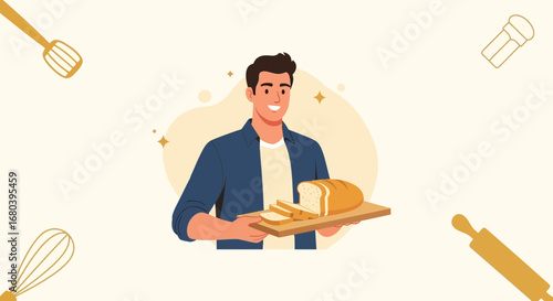 Smiling Baker Holding Freshly Baked Bread Illustrating Culinary Art And Deliciousness
