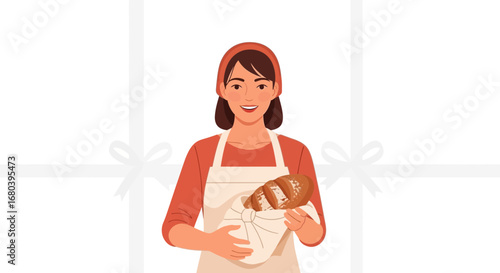 Smiling Baker Holding Fresh Bread, Illustration of a Happy Woman and Baked Loaf