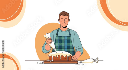 Smiling Baker Icing Homemade Cake, Baking and Decorating Delicious Sweet Dessert