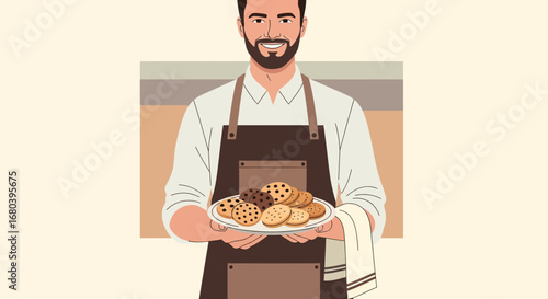 Smiling Baker Offering a Plate Of Freshly Baked Cookies in His Kitchen Apron