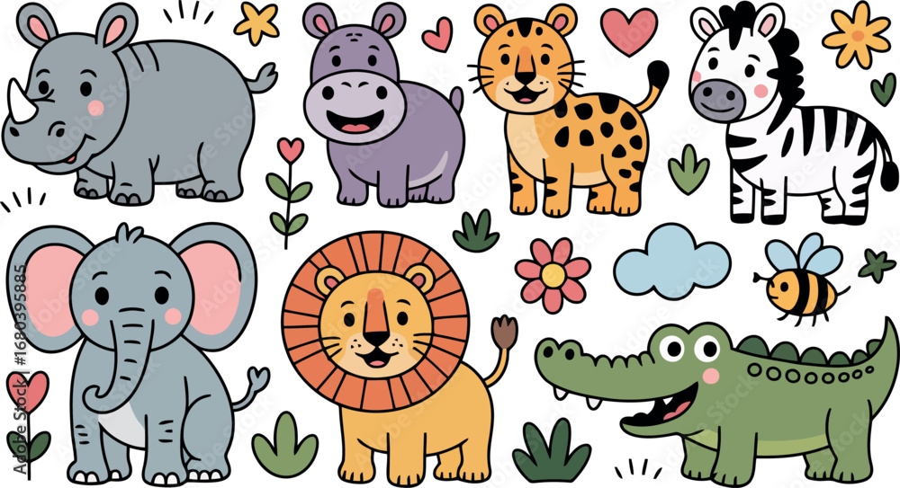 Naklejka premium A collection of adorable cartoon safari and jungle animals is presented, each with a friendly and inviting expression. 
