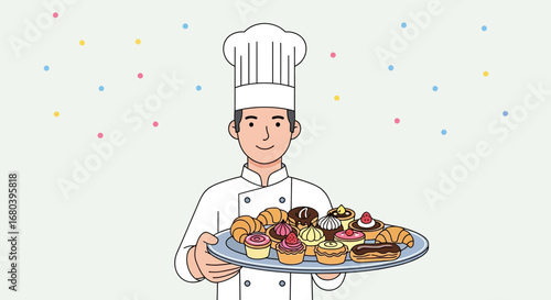 Smiling Baker Presenting Colorful Pastries on a Platter Depicting Culinary Delights.