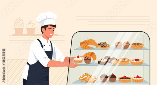 Smiling Baker Presenting Delicate Pastries Behind Glass Dessert Display With A Sweet Aroma