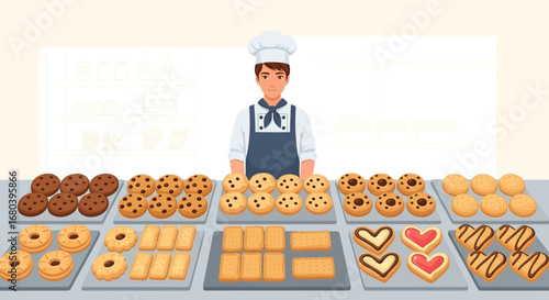 Smiling Baker Presenting Delicious Cookies And Pastries On Display For Sale