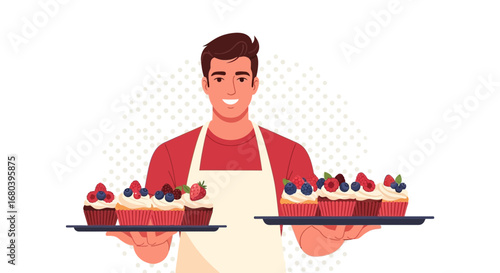 Smiling Baker Presenting Delightful Cupcakes Freshly Decorated With Berries in Vector Art