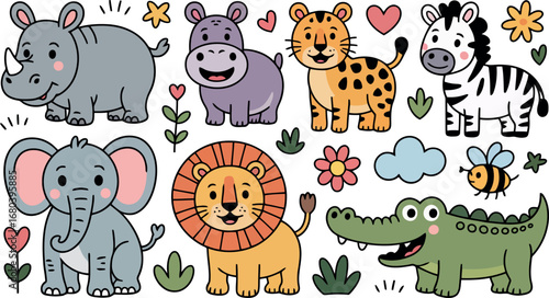  A collection of adorable cartoon safari and jungle animals is presented, each with a friendly and inviting expression. 