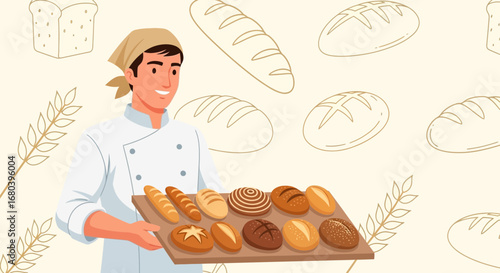 Smiling Baker Presenting Freshly Baked Artisan Bread, Bakery Shop Illustration
